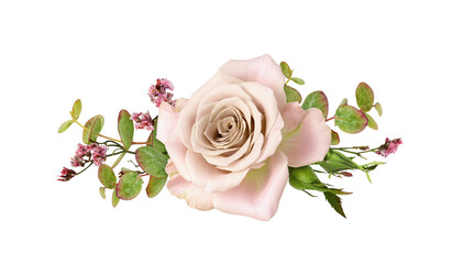 Pink rose flower and green eucalyptus leaves in a floral arrangement isolated on white or...