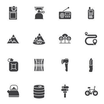 Camping equipment vector icons set