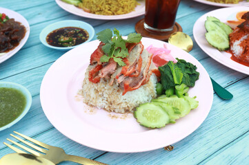 Roasted Duck with Rice on the table, favorite menu in Thai and Asian restaurant. delicious food