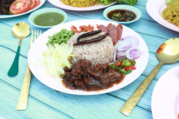Fried Rice with Shrimp Paste and beef, favorite and delicious food in Asian restaurant healthy vegetable menu..
