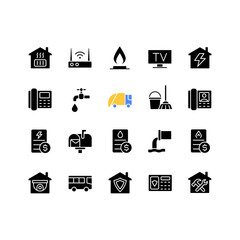 Public utilities black glyph icons set on white space. Water, gas and electricity supply. House heating system. Silhouette symbols. Solid pictogram pack. Vector isolated illustration