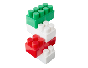 assembled parts of a children's plastic constructor on an isolated background. colored cubes