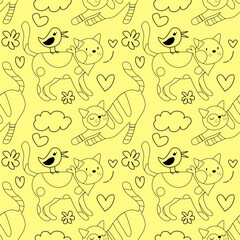 Cute cats pattern. Kittens are sitting in different poses line seamless vector illustration. Hand drawn with a black outline isolated on yellow background. For wrapping paper, wallpaper, fabric. EPS