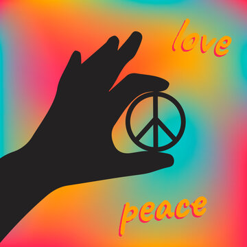 Poster, sticker, button with black hand holding peace sign and text Love, Peace in rainbow gradient background