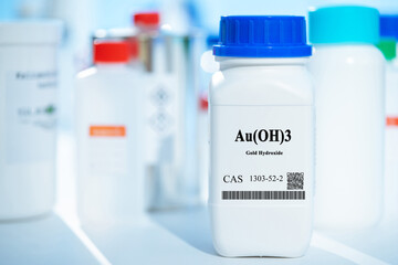 Au(OH)3 gold hydroxide CAS 1303-52-2 chemical substance in white plastic laboratory packaging
