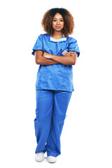 Nurse, portrait and black woman with arms crossed in studio standing isolated on a white background...
