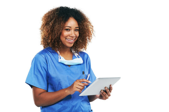 Healthcare, Nurse And Black Woman With Tablet In Studio Isolated On White Background Mockup. Technology, Wellness And Portrait Of Female Medical Physician With Touchscreen For Research Or Telehealth.