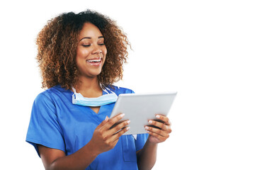 Nurse, health and black woman with tablet in studio isolated on white background mockup. Technology, wellness and happy female medical physician laughing with touchscreen for research or telehealth.