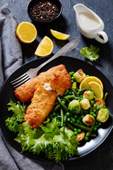 Crispy Beer Batter Cod Fish with green  vegetables