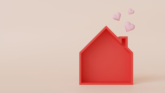 Red Home and mini heart .Home insurance concept.3D render.