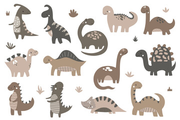 Set with cute dinosaurs on a white background in boho style. Vector illustration for nursery design, textiles, postcards, posters