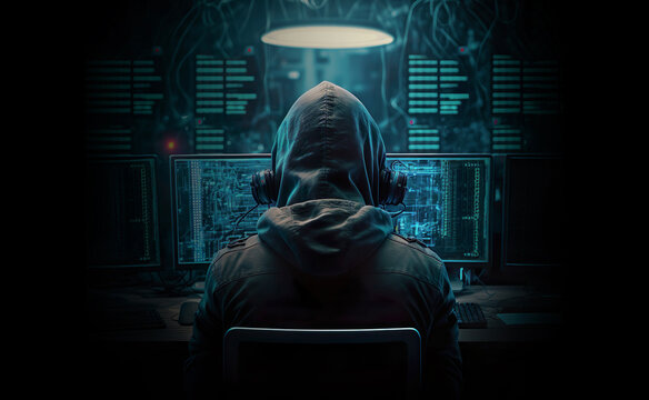 Hacker using abstract laptop with binary code digital interface , cyber war Hacking and malware concept , Generative Ai