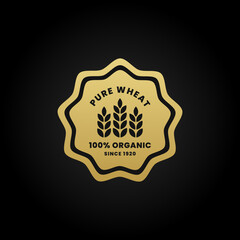 Pure Wheat Label or Elegant Organic Wheat Logo Isolated on black background. Elegant badge for food product high quality. Best Pure Wheat Stamp or Label Vector. Best Pure Wheat Label.