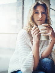 Coffee, portrait and woman relax in home with delicious cup of caffeine, espresso or cappuccino. Peace, tea and female with mug beverage sitting by window while enjoying quality time alone in house.