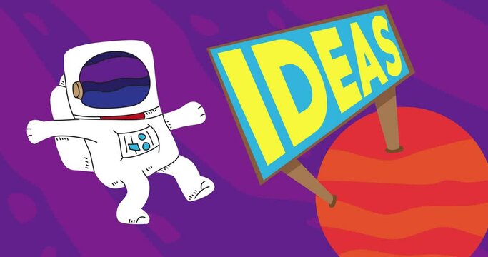 Astronaut adrift near a Red Planet with Ideas Billboard. Abstract cartoon animation. 4k HD Format resolution video.