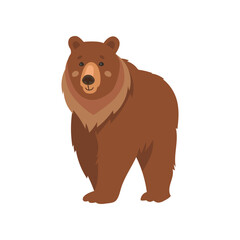 Wild brown bear cartoon character flat vector illustration. Drawing of cute comic grizzly bear standing isolated on white background. Wildlife, nature concept