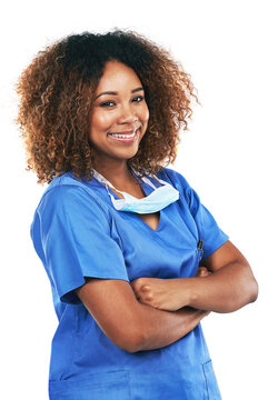 Arms crossed, black woman and portrait of nurse in studio isolated on white background. Medic, healthcare and confident, proud and happy female medical physician from Nigeria ready for wellness goals