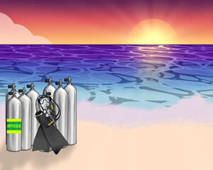 Scuba equipment  on the beach at Sunset time