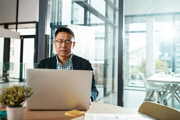 Fototapeta premium Office laptop, typing and senior man reading feedback review of social media, customer experience or ecommerce website. Data analytics, infographic or Asian marketing worker analysis of online survey