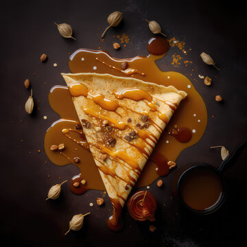 delicious crepe folded in chocolate and caramel with chocolate splashes on dark background top view, food photography, packshot photo, food styling