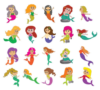 Cute little cartoon mermaid set, hand drawn vector illustration isolated on a white background. 