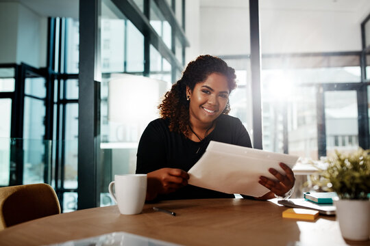 Office documents, portrait and black woman reading feedback review of financial portfolio. research report or info, Paperwork, files folder and happy employee with summary of business savings budget