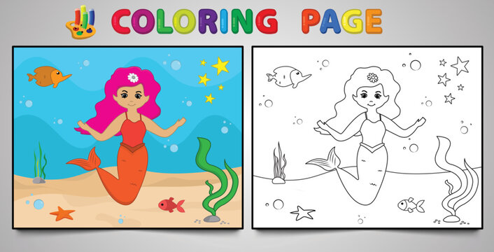 Cartoon mermaid coloring page no: 16 kids activity page with line art vector illustration