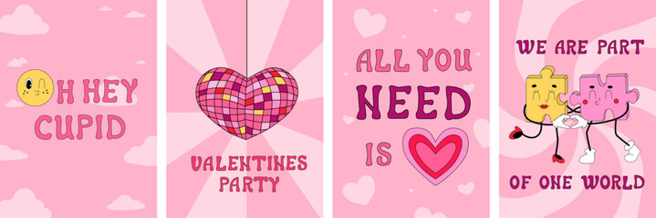 Fototapeta na wymiar Retro cards on Valentine's Day. Groovy elements in cartoon style. Disco romantic vibe in vintage illustration