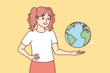 Teenage girl with globe hanging in weightlessness studies geography and location of continents or states. Child from elementary school dreams of traveling to cities of world. Flat vector illustration