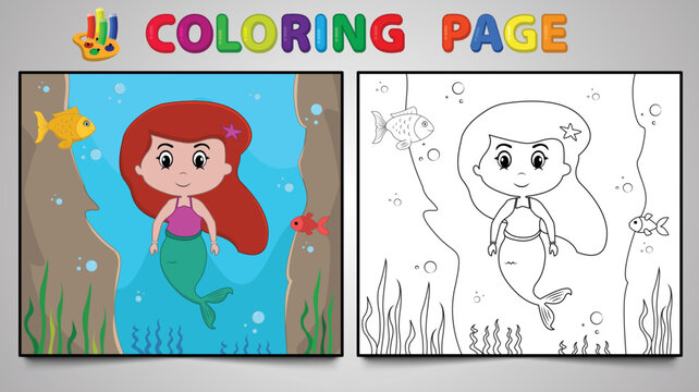 Cartoon mermaid coloring page no: 13 kids activity page with line art vector illustration