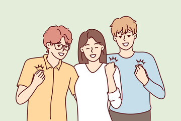 Girl and two guys with smile on faces make winning gesture rejoicing at receiving prize in student competition. Youth men and woman in casual clothes having fun together. Flat vector image