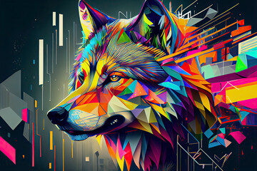 colorful Wolf face head on geometric pop art style