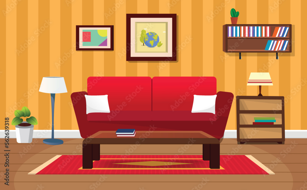 Wall mural vector cartoon living room interior with sofa, table, houseplant, lamp.