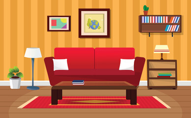 Vector cartoon living room interior with  sofa, table, houseplant, lamp.