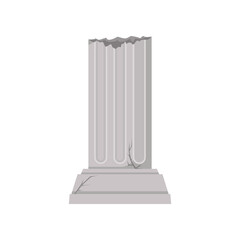 Damaged Roman or Greek pillar vector illustration. Historic monument, stone column of ancient ruins, old broken building isolated on white background. History, architecture, damage concept
