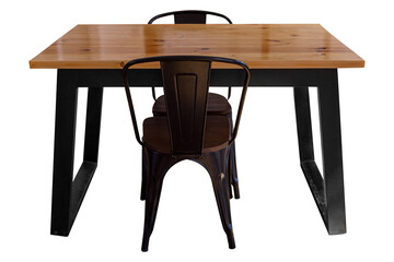 Modern wooden table with steel legs and chair