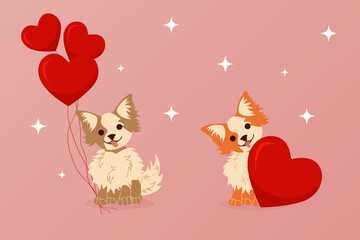 Valentine s day pets. Cute cartoon dogs with heart shaped balloons.