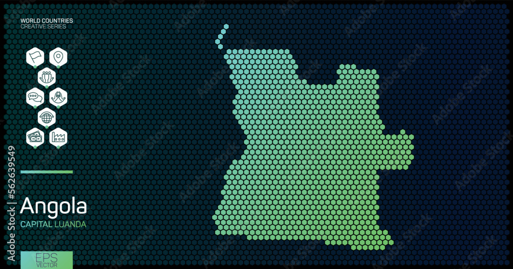 Wall mural abstract map of angola with hexagon cells with country data icons