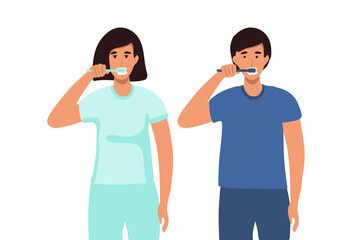 woman, man brushing his teeth. Vector illustration of a flat design. teeth cleaning, healthy teeth. concept
