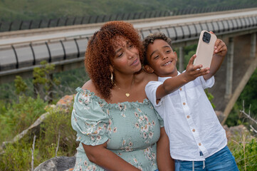 Mum and son seen taking a selfie outdoors