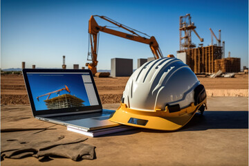 helmet and computer on construction site.Generative AI