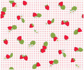 苺とチェックのレトロポップなパターン-シームレス-手描き