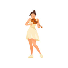 Cartoon woman playing violin vector illustration. Female violinist character performing with musical instrument on street on white background. Music, performance concept