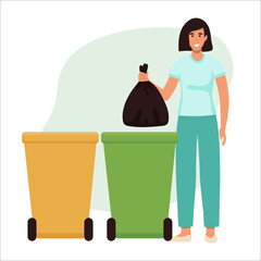 Happy woman throws away trash into green trash bin with recycling symbol. Vector illustration isolated from background