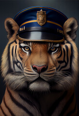 Generative Ai, art painting style, portrait of a tiger as a police officer