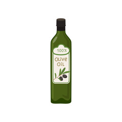 Extra virgin olive oil on white background. Olive product cartoon illustration. Organic food concept
