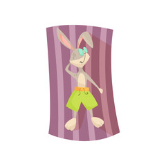 Obraz na płótnie Canvas Rabbit animal cartoon character sunbathing vector illustration. Summer resort, funny comic hare relaxing on beach towel on white background. Wildlife, vacation concept