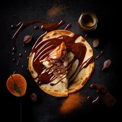 Fotobehang delicious crepe folded in chocolate and caramel with chocolate splashes on dark background top view, food photography, packshot photo, food styling © joris