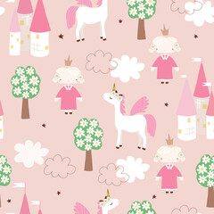 Cute seamless pattern with princess, castle and pegasus. Fairy childish print. Vector hand drawn illustration.