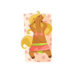 Horse cartoon character sunbathing vector illustration. Summer resort, funny comic wild animal in pink swimwear relaxing on beach towel on white background. Wildlife, vacation concept